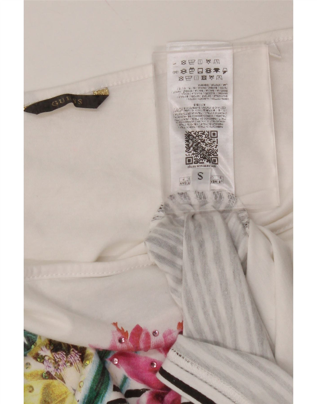 Damski T-shirt GUESS z odkrytymi ramionami, UK 10, mały, biały, bawełniany w kwiaty