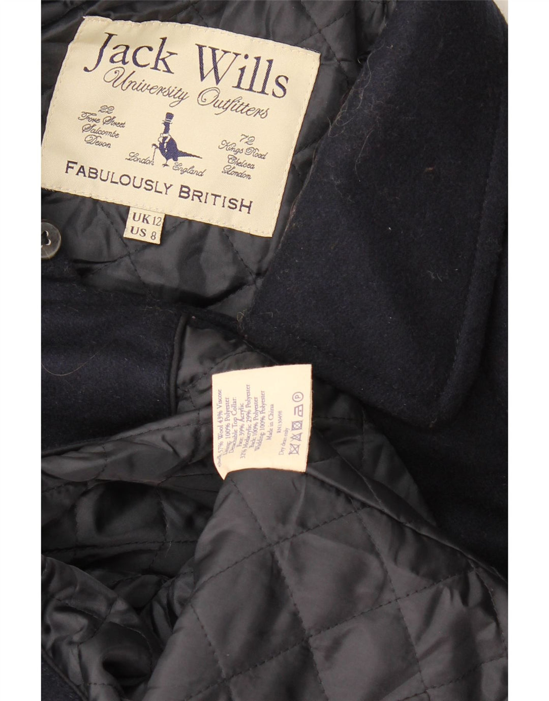 Jack Wills Damski płaszcz grochowy UK 12 Średni granatowy wełniany