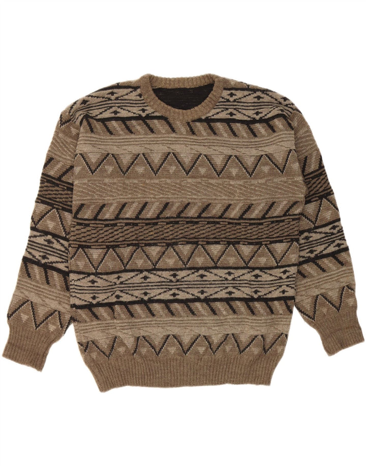 Vintage męski sweter z okrągłym dekoltem, duży, geometryczny khaki