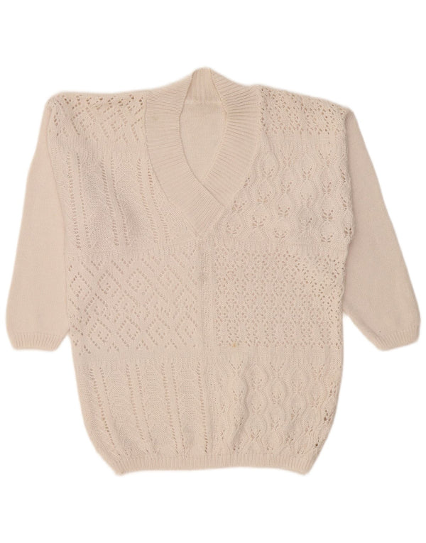 Sweter damski VINTAGE z dekoltem w kształcie litery V, UK 14, średni, złamanej bieli, bawełniany