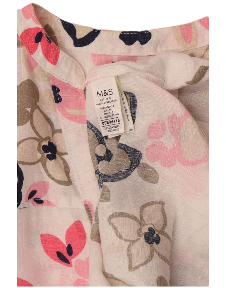Marks & Spencer Damska bluzka oversize UK 12, średnia, biała, lniana w kwiaty