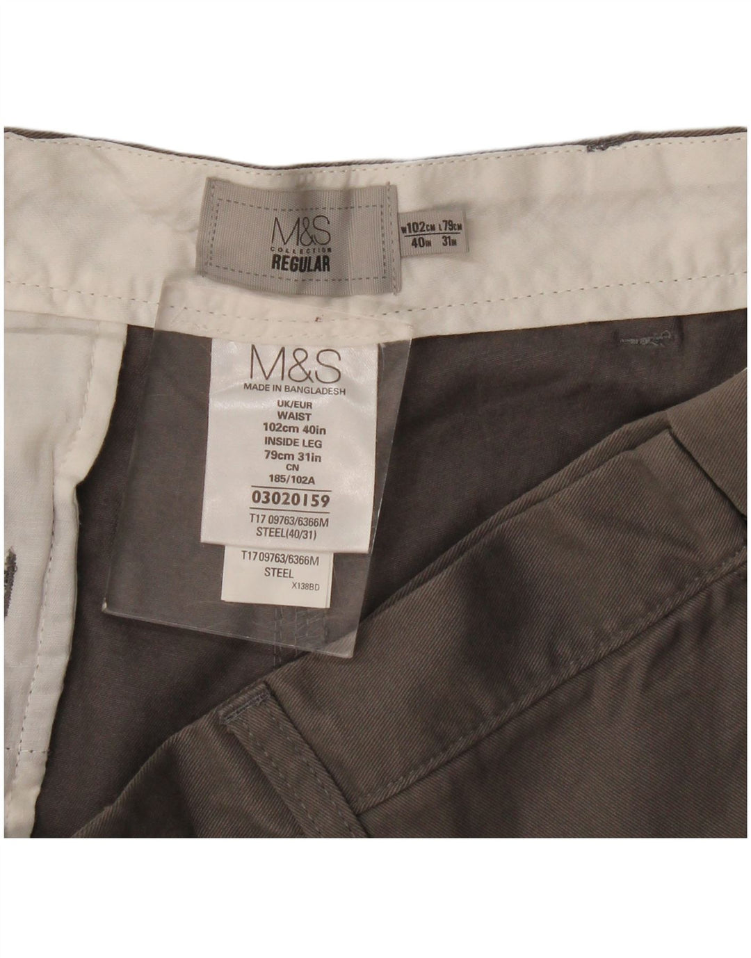 Męskie spodnie chino o regularnym kroju Marks & Spencer W40 L31 Szara bawełna