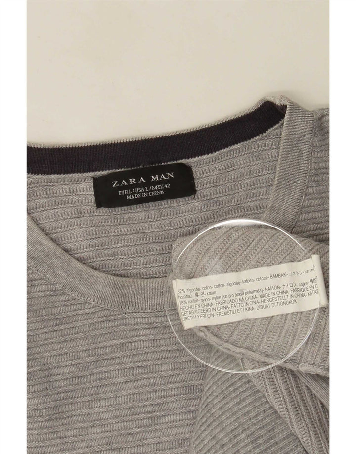 Męski sweter Zara z okrągłym dekoltem, duży, szary, bawełniany