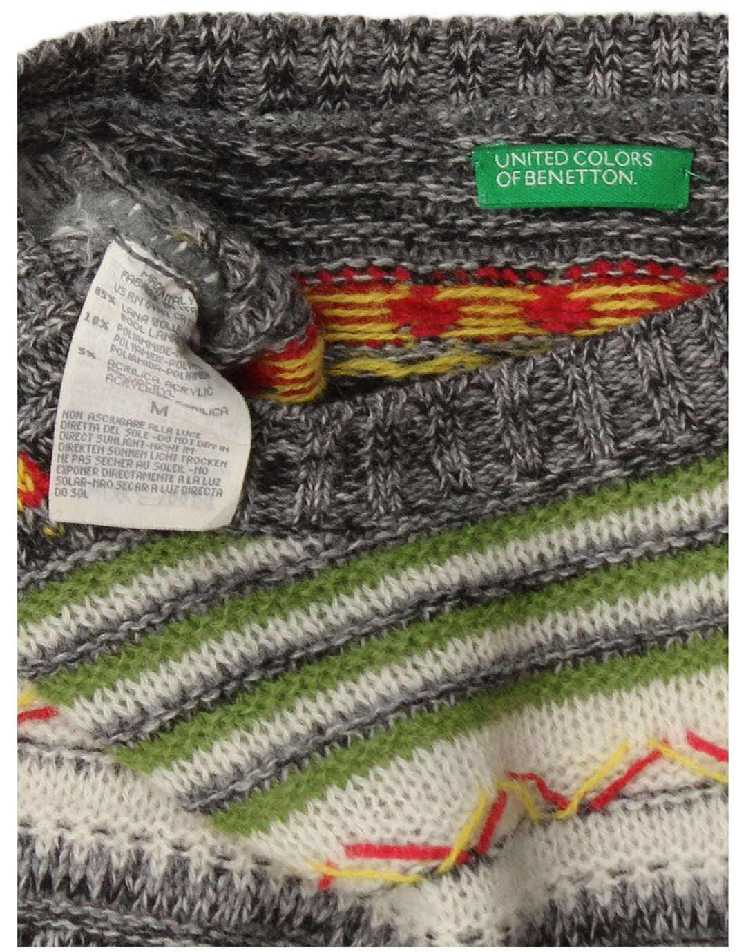 BENETTON Męski sweter z okrągłym dekoltem i średnimi, wielokolorowymi paskami