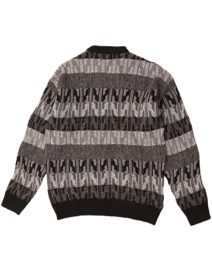 Vintage męski sweter z okrągłym dekoltem, duży, szary, wełniany jodełka