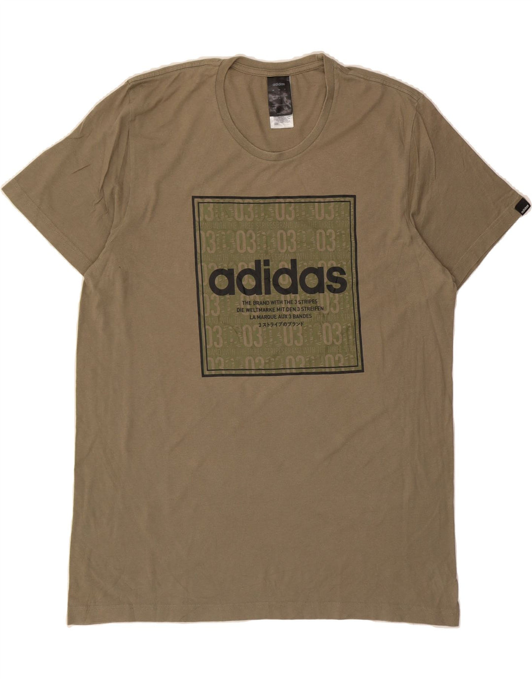 ADIDAS Mens Graphic T-Shirt Top Large Khaki Cotton Vintage Adidas and Second-Hand Adidas from Messina Hembry 