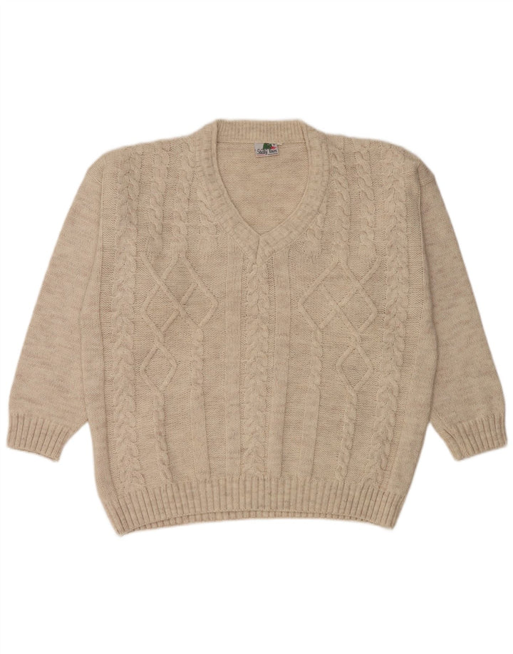 Vintage męski sweter z dekoltem w kształcie litery V, XL, beżowa wełna