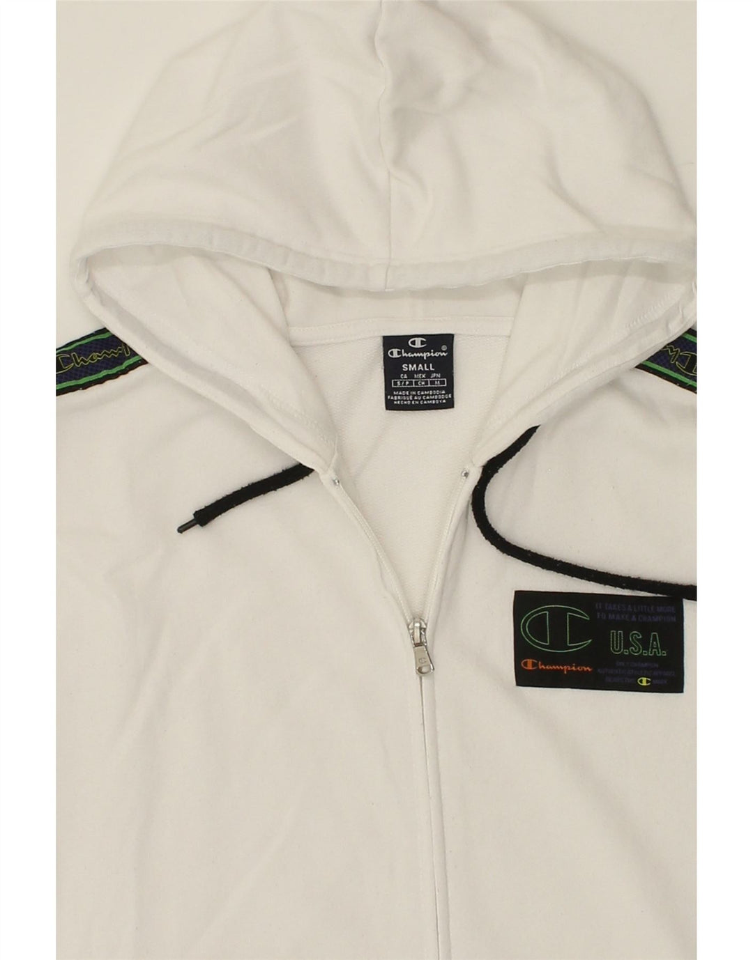 CHAMPION Mens Graphic Zip Hoodie Sweater Small White Vintage Champion and Second-Hand Champion from Messina Hembry 