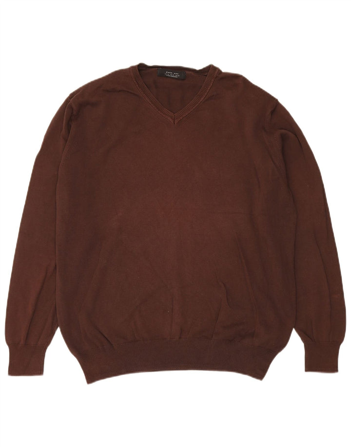 Męski sweter Zara z dekoltem w kształcie litery V, XL, brązowy, bawełniany