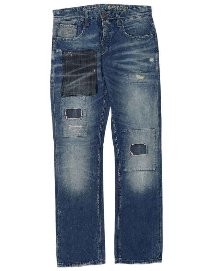 Męskie jeansy Jack & Jones w trudnej sytuacji, proste W32 L34, niebieska patchworkowa bawełna