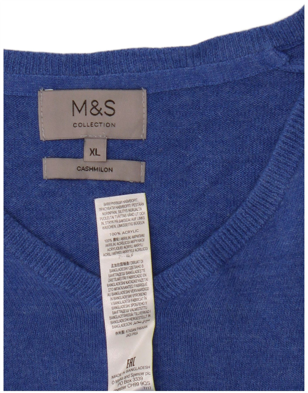 Marks & Spencer Męski sweter z dekoltem w kształcie litery V, XL, niebieski, akryl