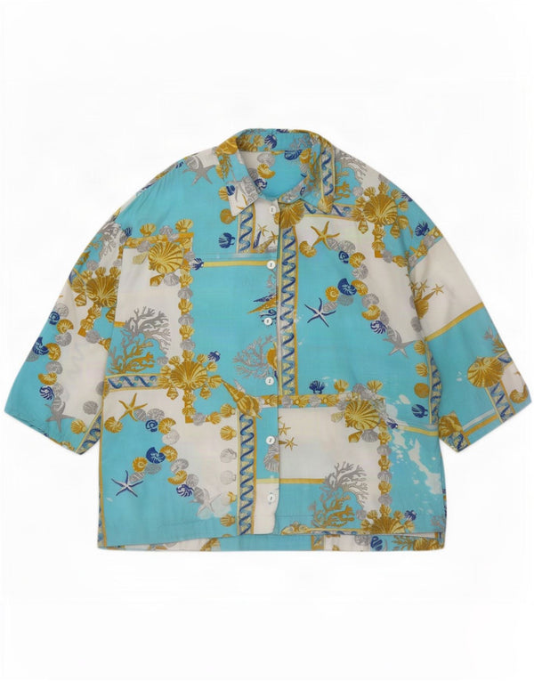 Vintage Womens 3/4 Sleeve Shirt Blouse UK 18 XL Blue Floral