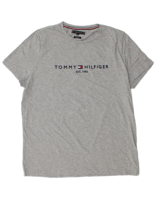 Męski T-shirt z grafiką Tommy Hilfiger o dopasowanym kroju, 2XL, szara, nakrapiana bawełna