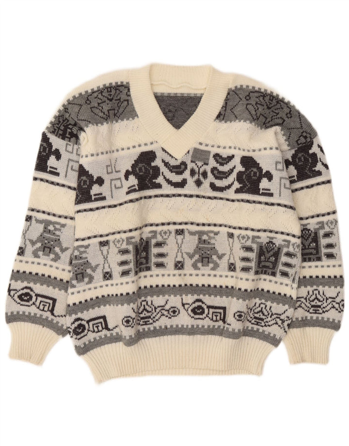 Vintage męski sweter z dekoltem w kształcie litery V, duży, w kolorze złamanej bieli, geometryczny