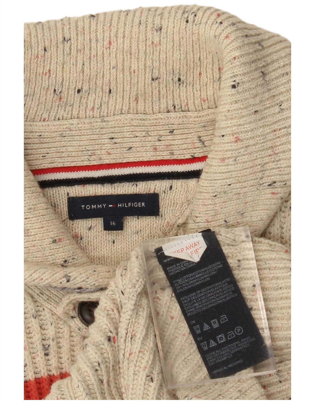 TOMMY HILFIGER Chłopięcy sweter kardigan 15-16 lat Beżowa bawełna z blokami kolorów