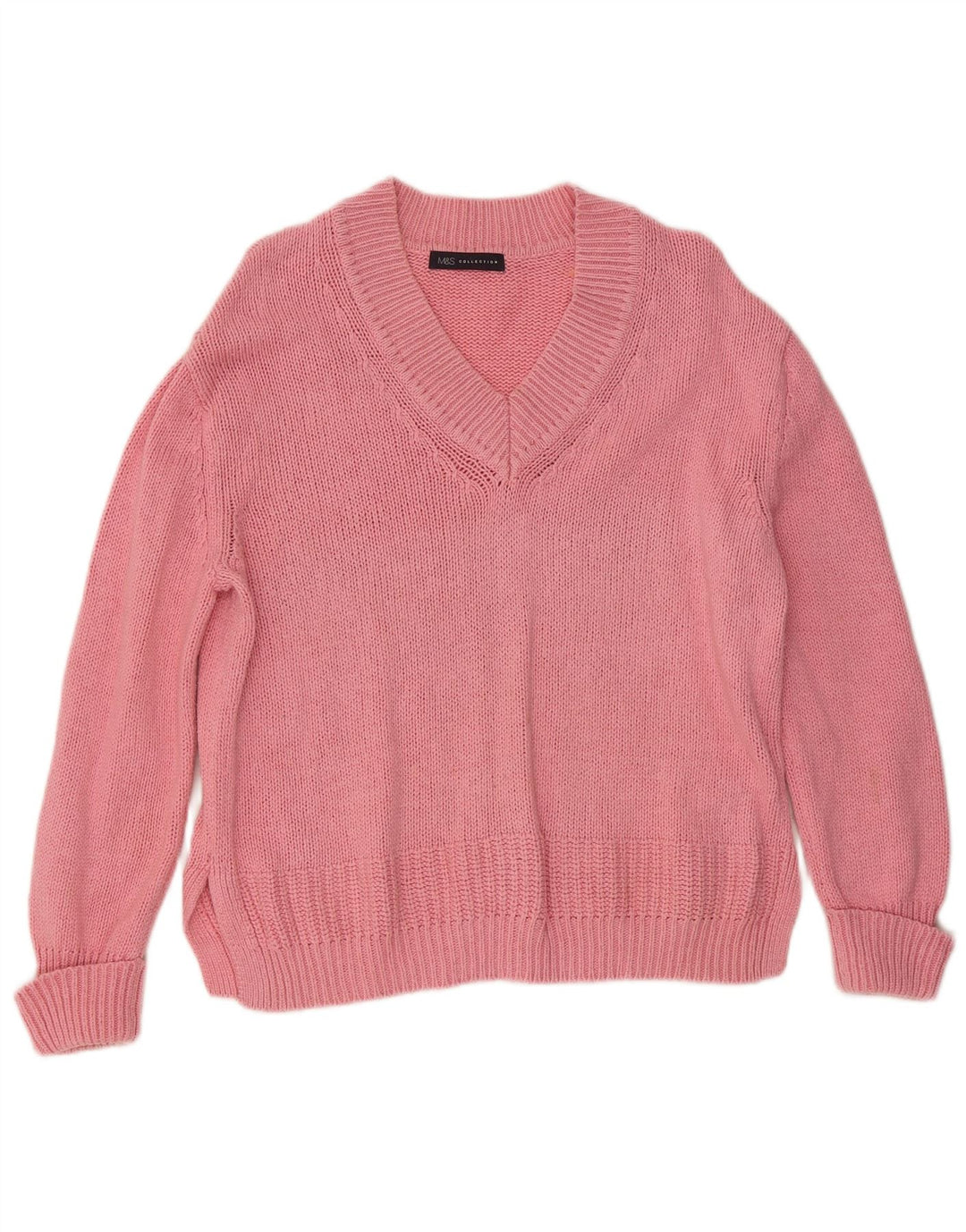 Marks & Spencer Damski sweter z dekoltem w kształcie litery V, UK 14, średni różowy, bawełniany