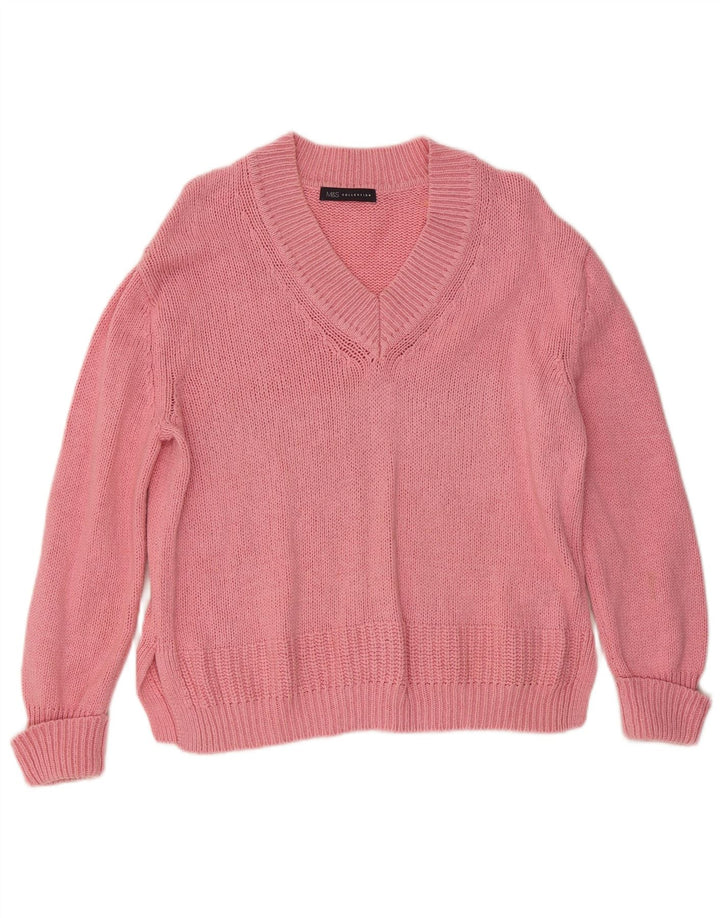 Marks & Spencer Damski sweter z dekoltem w kształcie litery V, UK 14, średni różowy, bawełniany