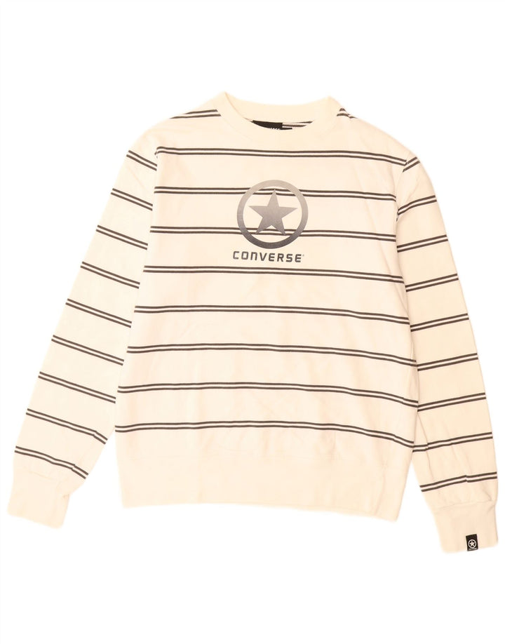 CONVERSE Mens Graphic Sweatshirt Jumper Medium Off White Striped Cotton
