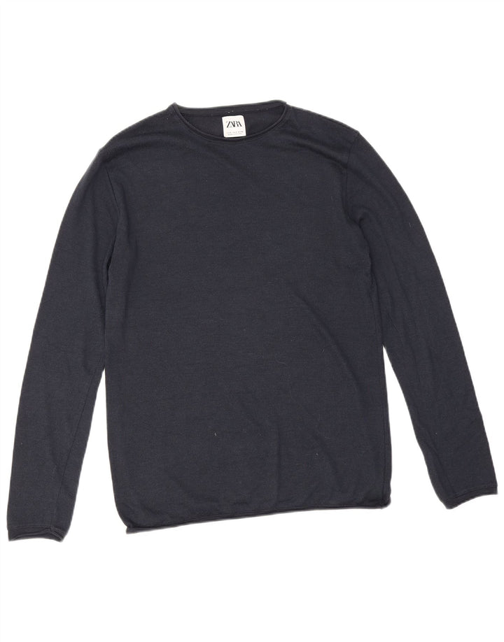 Męski sweter z okrągłym dekoltem Zara, mały, granatowy, bawełniany