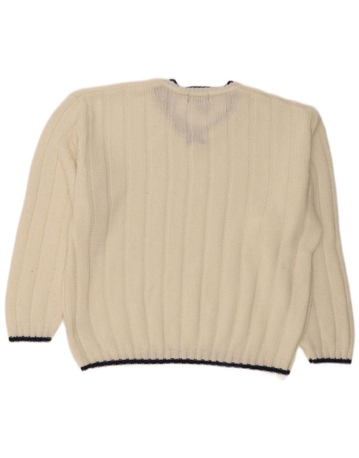 VINTAGE Mens V-Neck Jumper Sweater EU 52/54 Large White Polyacrylic