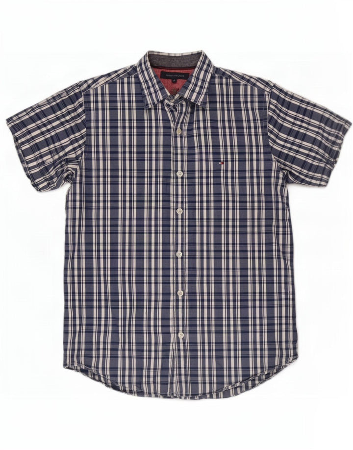 Męska koszula z krótkim rękawem Tommy Hilfiger, średnia, granatowa, bawełniana kratka