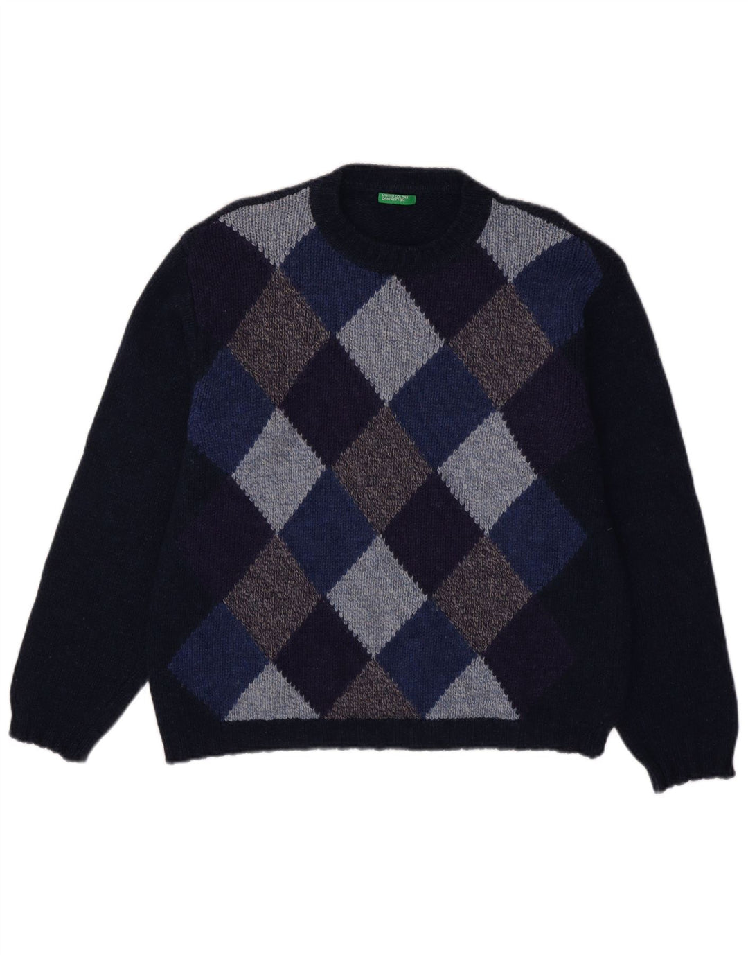 Męski sweter z wycięciem pod szyją Benetton, duży granatowy Argyle/Diament