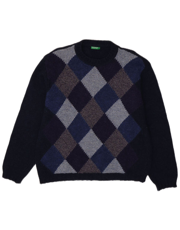 Męski sweter z wycięciem pod szyją Benetton, duży granatowy Argyle/Diament