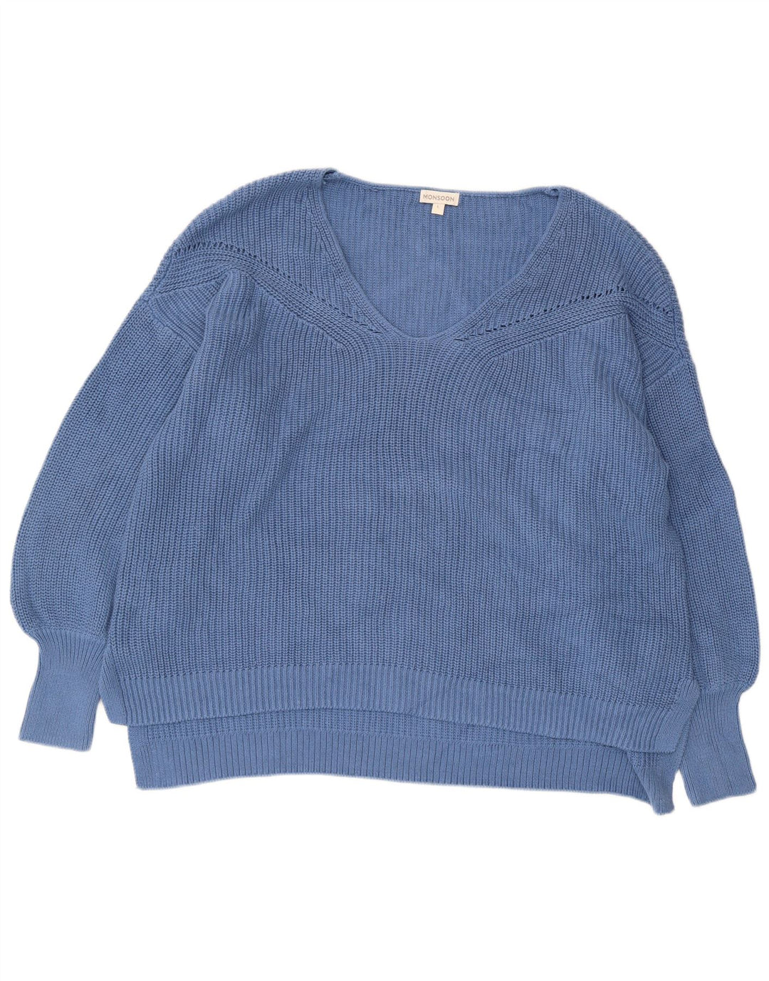 Damski sweter oversize Monsoon z dekoltem w szpic, UK 16, duży, niebieski, bawełniany