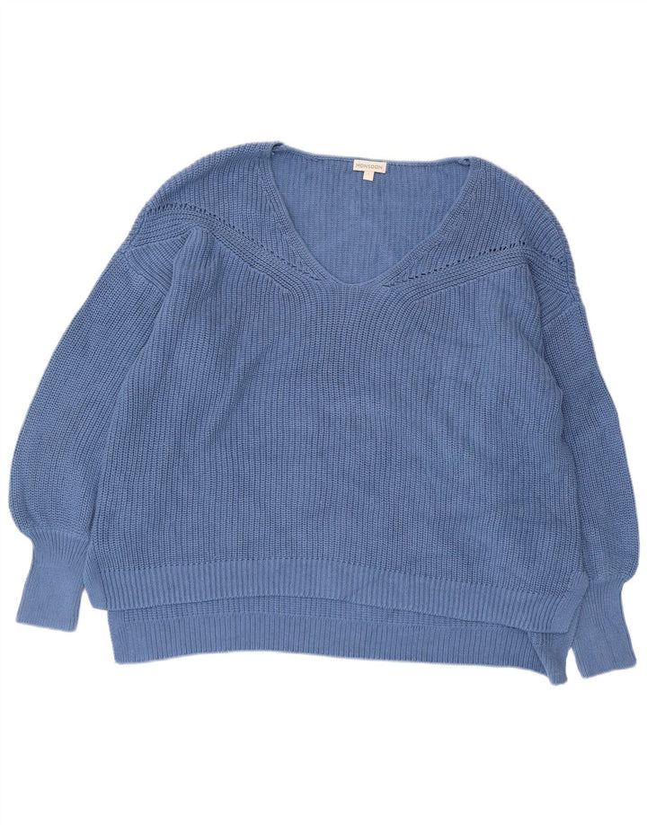 Damski sweter oversize Monsoon z dekoltem w szpic, UK 16, duży, niebieski, bawełniany
