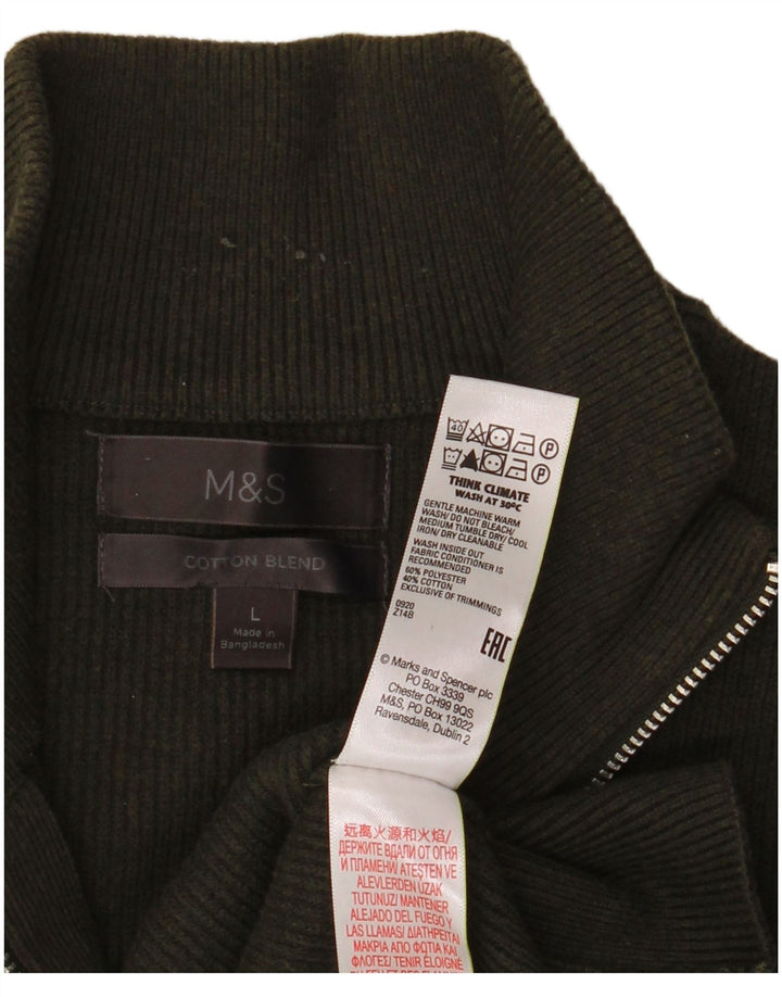 MARKS & SPENCER Męski sweter zapinany na zamek, duży, poliestrowy khaki
