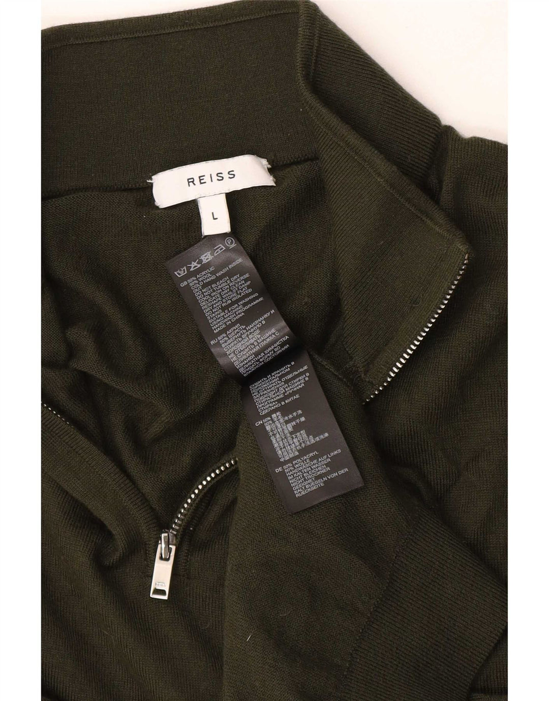 Męski sweter zapinany na zamek Reiss, duży, zielony akryl