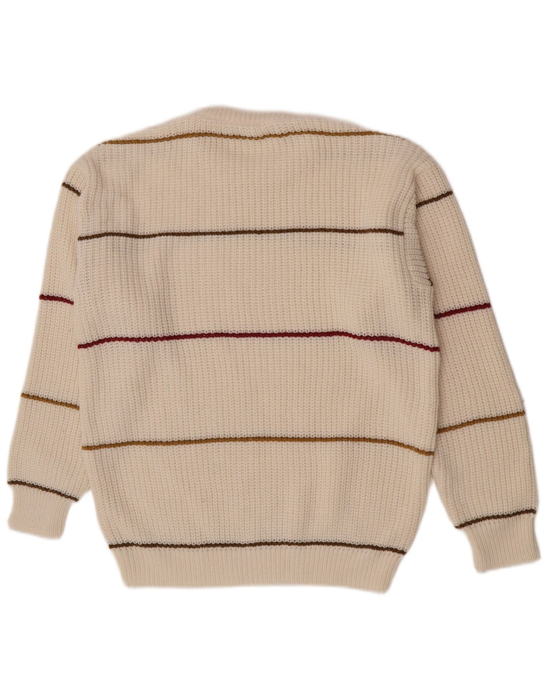 Vintage męski sweter z okrągłym dekoltem, średni, złamany biały akryl w paski