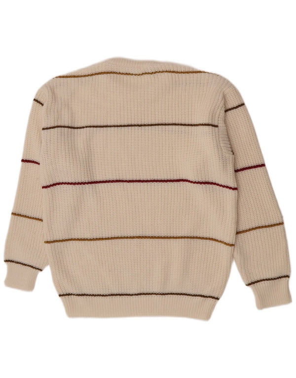 Vintage męski sweter z okrągłym dekoltem, średni, złamany biały akryl w paski