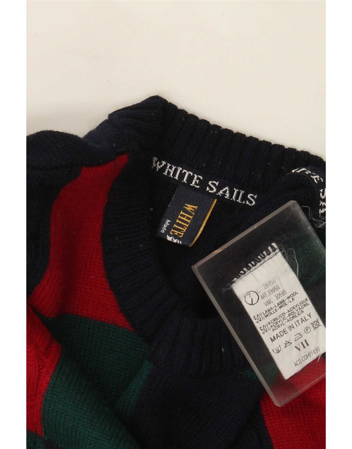 Męski sweter z wycięciem pod szyją White Sails, duży, granatowy, wełniany blok kolorów