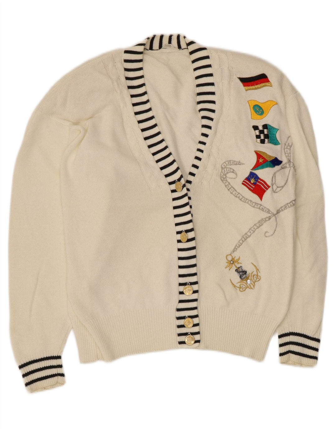Sweter damski w stylu vintage z grafiką, EU 40/42, średnia biała bawełna