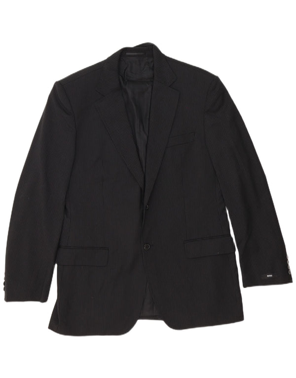 Męska marynarka zapinana na 2 guziki Hugo Boss EU 54 2XL Czarna prążkowana dziewicza wełna