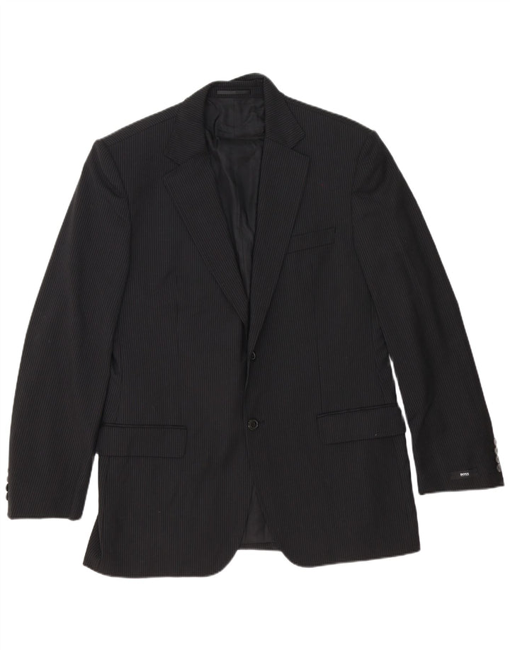 Męska marynarka zapinana na 2 guziki Hugo Boss EU 54 2XL Czarna prążkowana dziewicza wełna