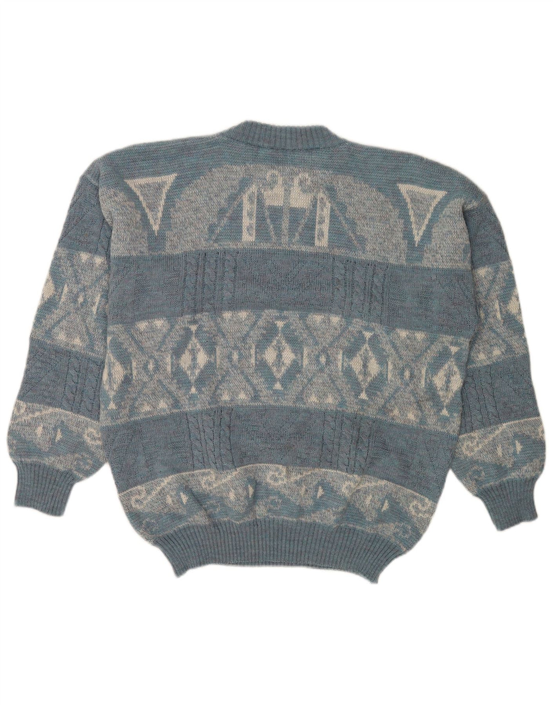 Vintage męski sweter z okrągłym dekoltem, duży niebieski geometryczny akryl
