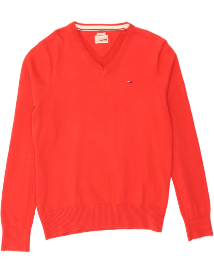 TOMMY HILFIGER Mens V-Neck Jumper Sweater Small Red Cotton Vintage Tommy Hilfiger and Second-Hand Tommy Hilfiger from Messina Hembry 