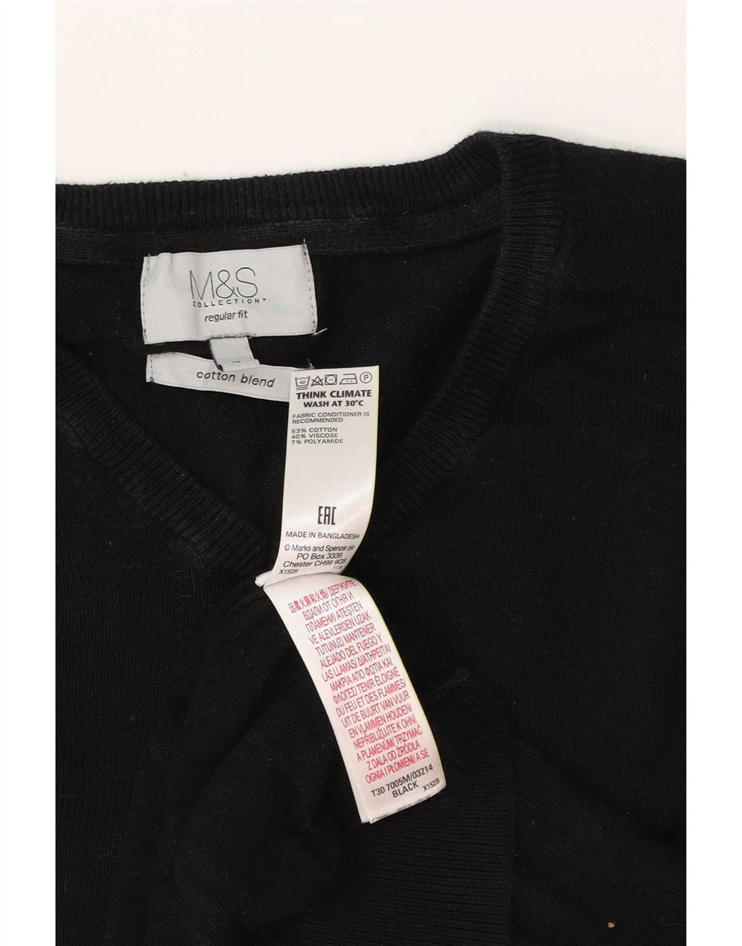 Marks & Spencer Męski sweter o regularnym kroju z dekoltem w kształcie litery V, duży, czarny, bawełniany