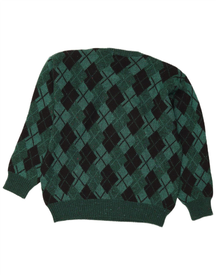 Vintage męski sweter z okrągłym dekoltem IT 48 średni zielony Argyle/diament
