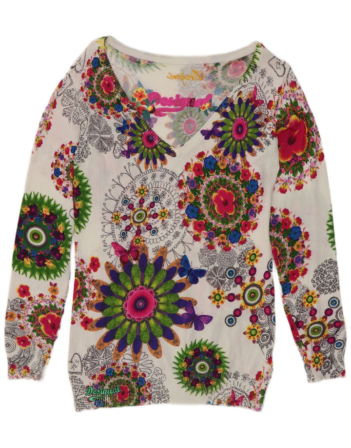 Damski sweter Desigual z dekoltem w kształcie litery V, UK 12, średni, wielokolorowy w kwiaty