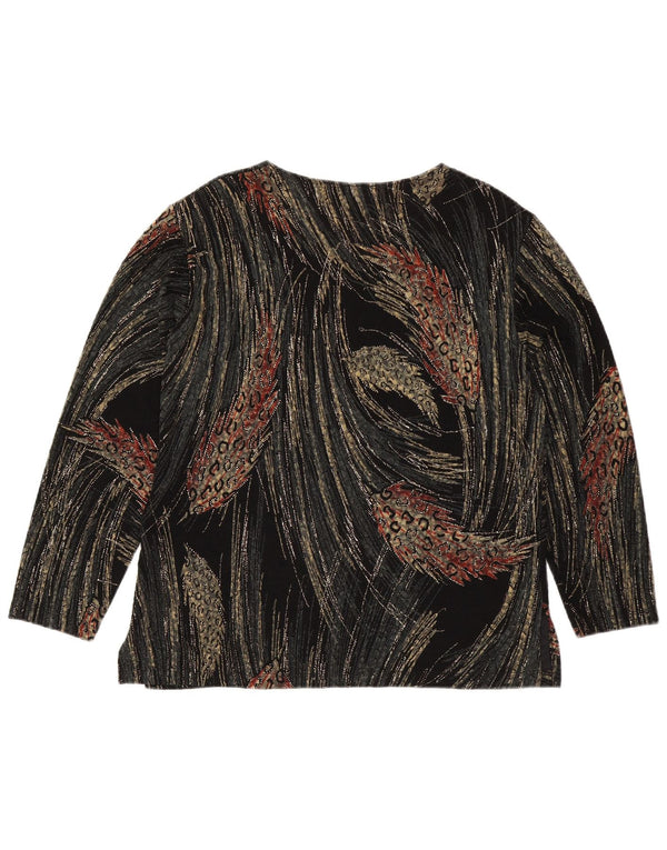Vintage damski top w abstrakcyjny wzór z długim rękawem UK 16, duża czarna wiskoza
