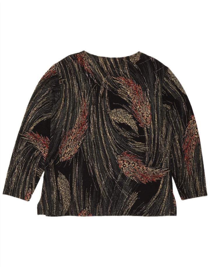 Vintage damski top w abstrakcyjny wzór z długim rękawem UK 16, duża czarna wiskoza