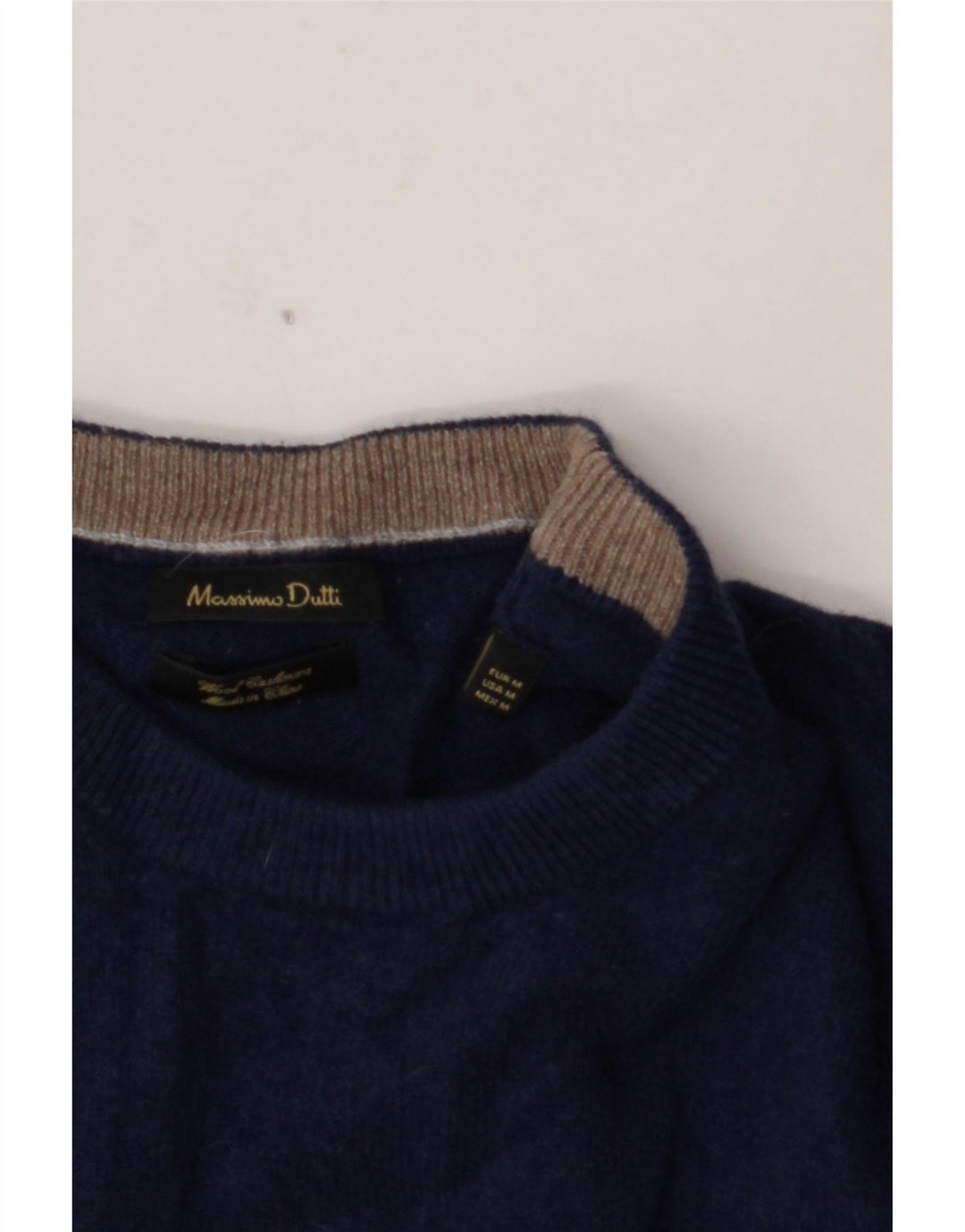 MASSIMO DUTTI Męski sweter z okrągłym dekoltem, średni granatowy wełniany