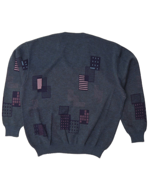 Sweter męski w stylu vintage z dekoltem w szpic IT 52, duży, granatowy, geometryczny