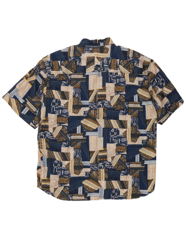 Vintage męska koszula z krótkim rękawem XL, niebieska patchworkowa