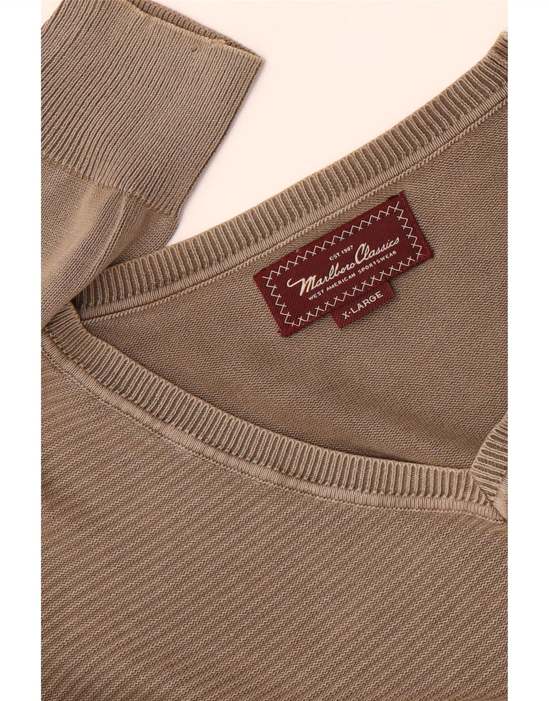 Marlboro Classics Męski sweter z dekoltem w kształcie litery V, XL, khaki, w paski