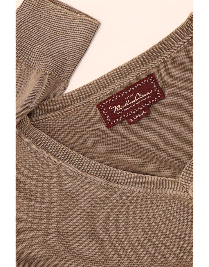 Marlboro Classics Męski sweter z dekoltem w kształcie litery V, XL, khaki, w paski