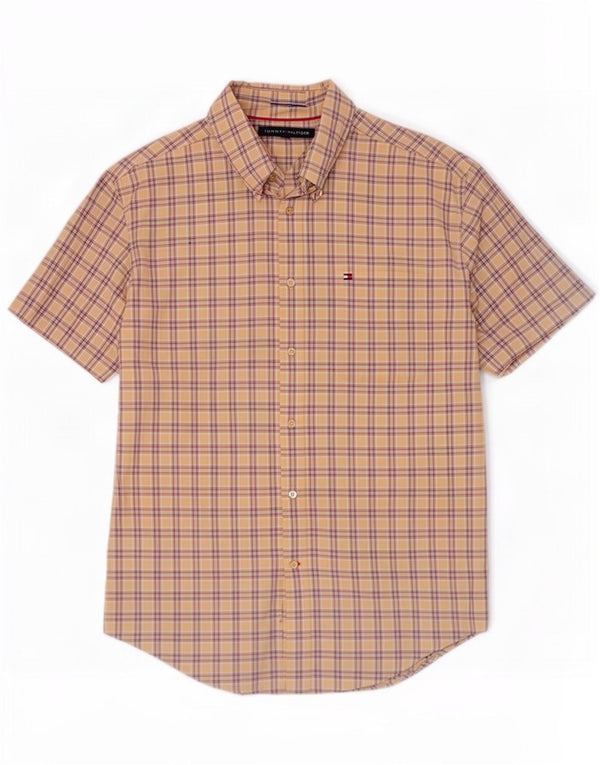 Koszula męska z krótkim rękawem Tommy Hilfiger, duża, beżowa, bawełniana w kratę